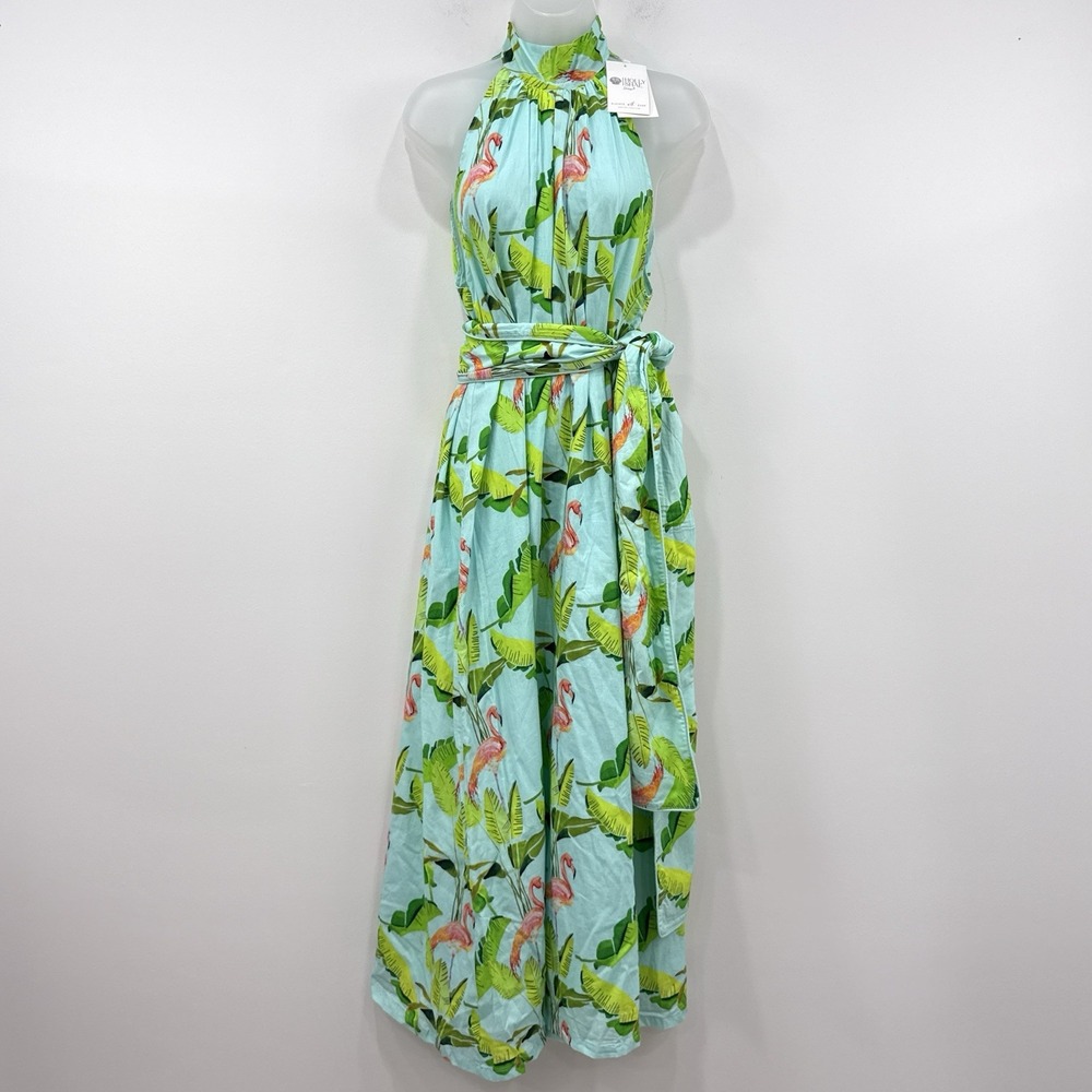 Holly Shae Dress M/L Flamingo AOP NWT Resort Beachy Coastal Maxi Belted Tropical